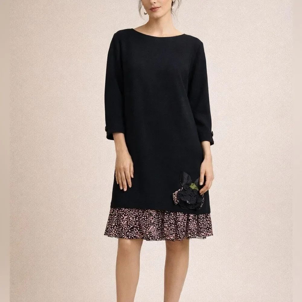 Norma Walters Black Wool Silk Dress Pink Hem Floral Applique Size 4